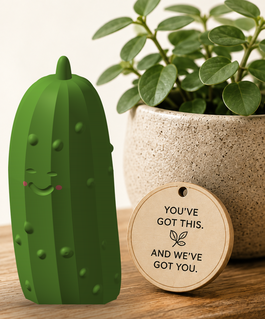 Pickle Pick-Me-Up #016 &mdash; a 3D-printed pickle with a soft, contented smile and blushed cheeks.