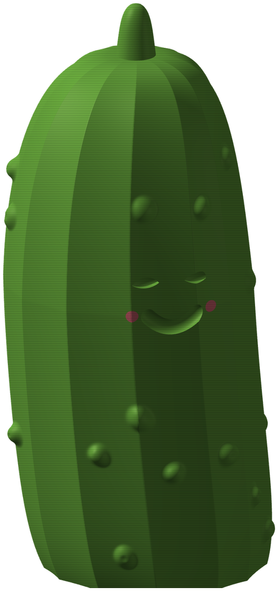 Pickle Pick-Me-Up #016 &mdash; a 3D-printed pickle with a soft, contented smile and blushed cheeks.